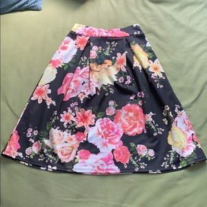 Black Floral Print Midi Skirt